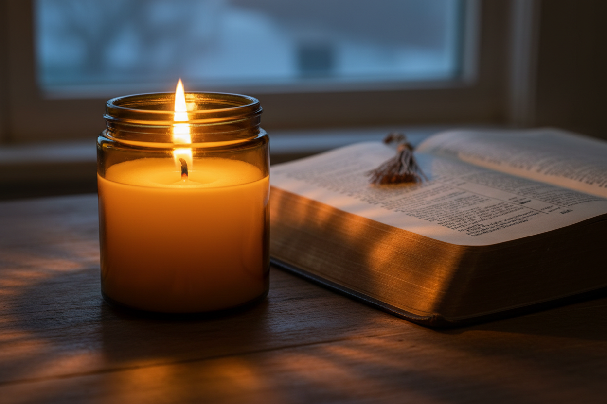 Burning candle in glass amber jar next to an open Bible 
